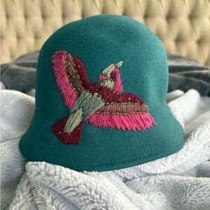 Urban Outfitters Y2K Teal Hat with Embroidered Bird Design